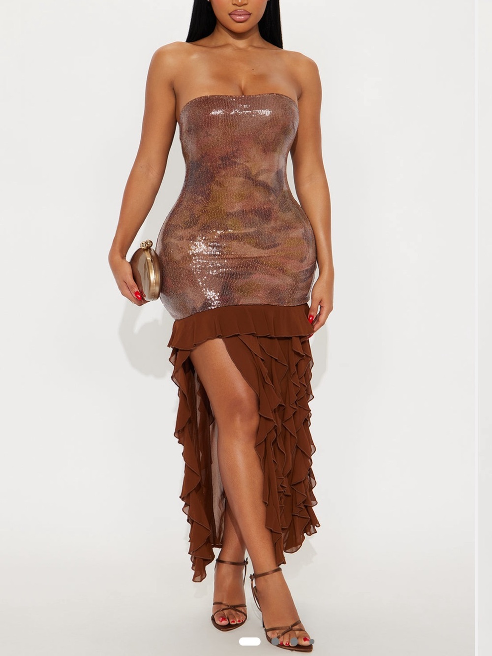 Fashion Nova Brown Sequin Strapless Ruffle Dress